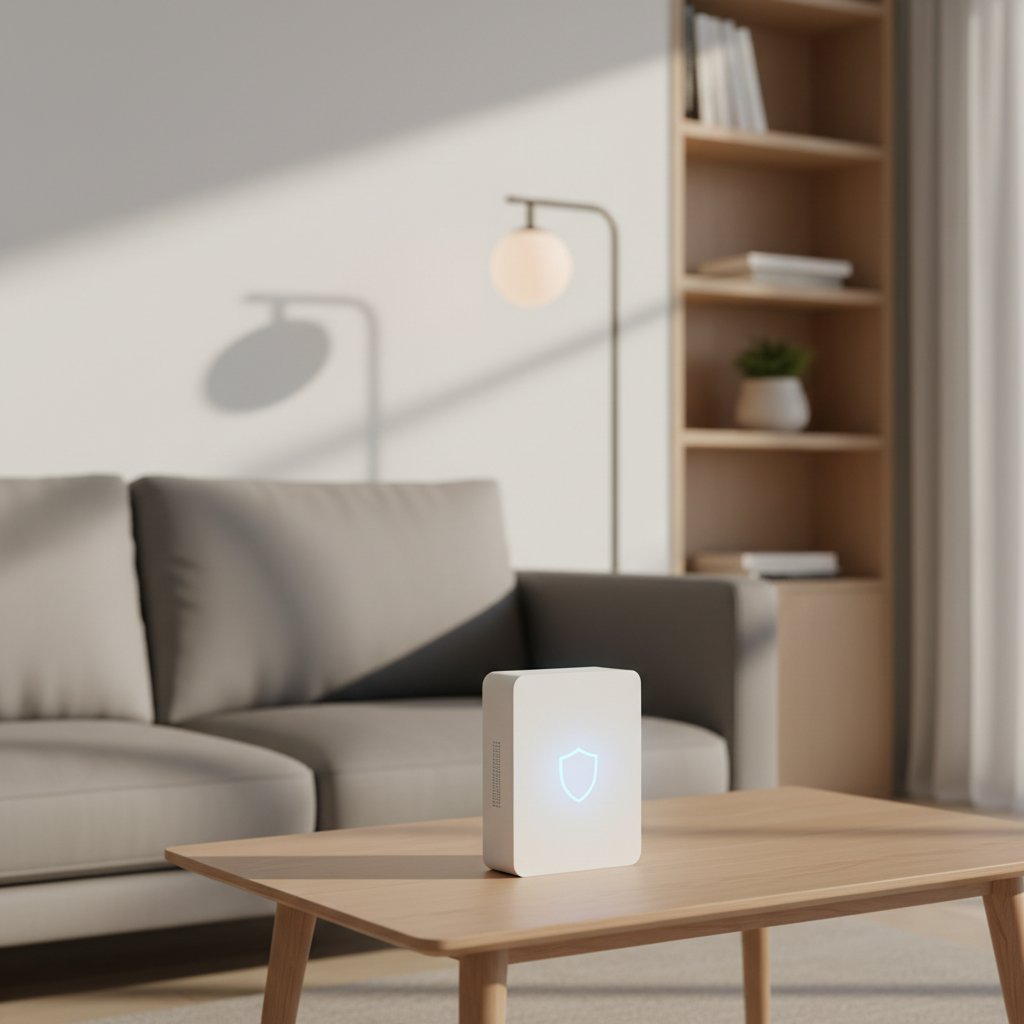 A minimalist living room scene where the main focus is a compact white router-like device on a low, light-wood coffee table, bearing a small, stylized shield icon glowing in soft blue to symbolize home insurance protection. Behind it, a tidy sofa in muted grey, a well-placed floor lamp, and a glimpse of a bookshelf create a sense of a comfortable, insured home. Late afternoon natural light filters through a large unseen window, producing a gentle gradient across the wall and faint shadows under the table. Photographic realism, composed with the device on the lower third of the frame and a shallow depth of field, conveys safety, clarity, and modern domestic assurance.