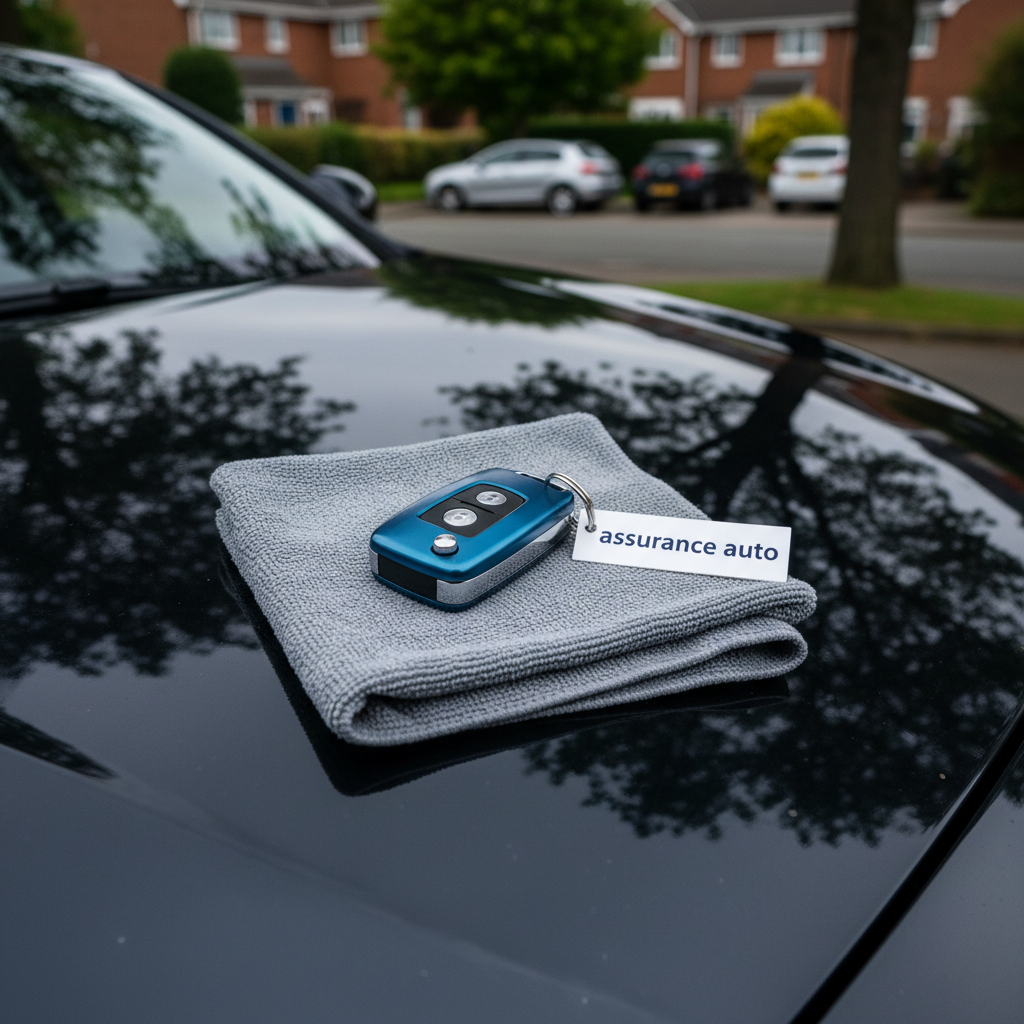 A gleaming metallic-blue car key fob resting on a folded microfibre cloth atop a dark, reflective car hood, with a subtle reflection of a residential street and parked vehicles visible in the polished paint. The key fob features a tiny printed card attached with “assurance auto” in precise navy lettering. Overcast daylight from above creates soft, even illumination with delicate highlights along the car’s curves and the metallic buttons on the fob. Photographic realism, captured from a low, close-up angle with the car extending into a blurred background, evokes reliability, protection, and the importance of being well insured on the road.