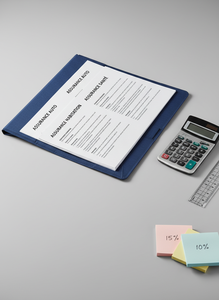 A close-up of a sturdy dark-blue insurance folder lying open on a light grey desk, filled with neatly stacked policy documents, each with clear headings like “assurance auto”, “assurance habitation”, and “assurance santé” in crisp black print. A silver calculator and a transparent acrylic ruler sit precisely aligned beside the folder, while a small stack of pastel sticky notes with handwritten percentages is slightly out of focus near the edge. Soft studio lighting from the left casts subtle shadows that define the textures of the paper and plastic. Photographic realism, shot from a slightly elevated angle, creates a calm, analytical mood suited to explaining and comparing insurance options.